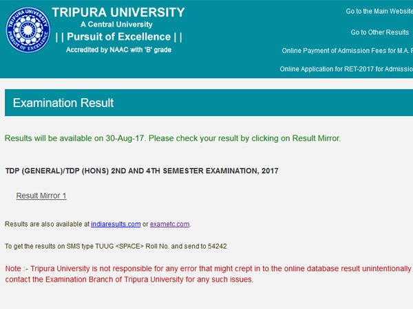 Tripura University 2nd & 4th Sem Result 